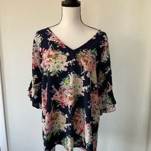 Kori America Top Navy Foral Ruffled Sleeves